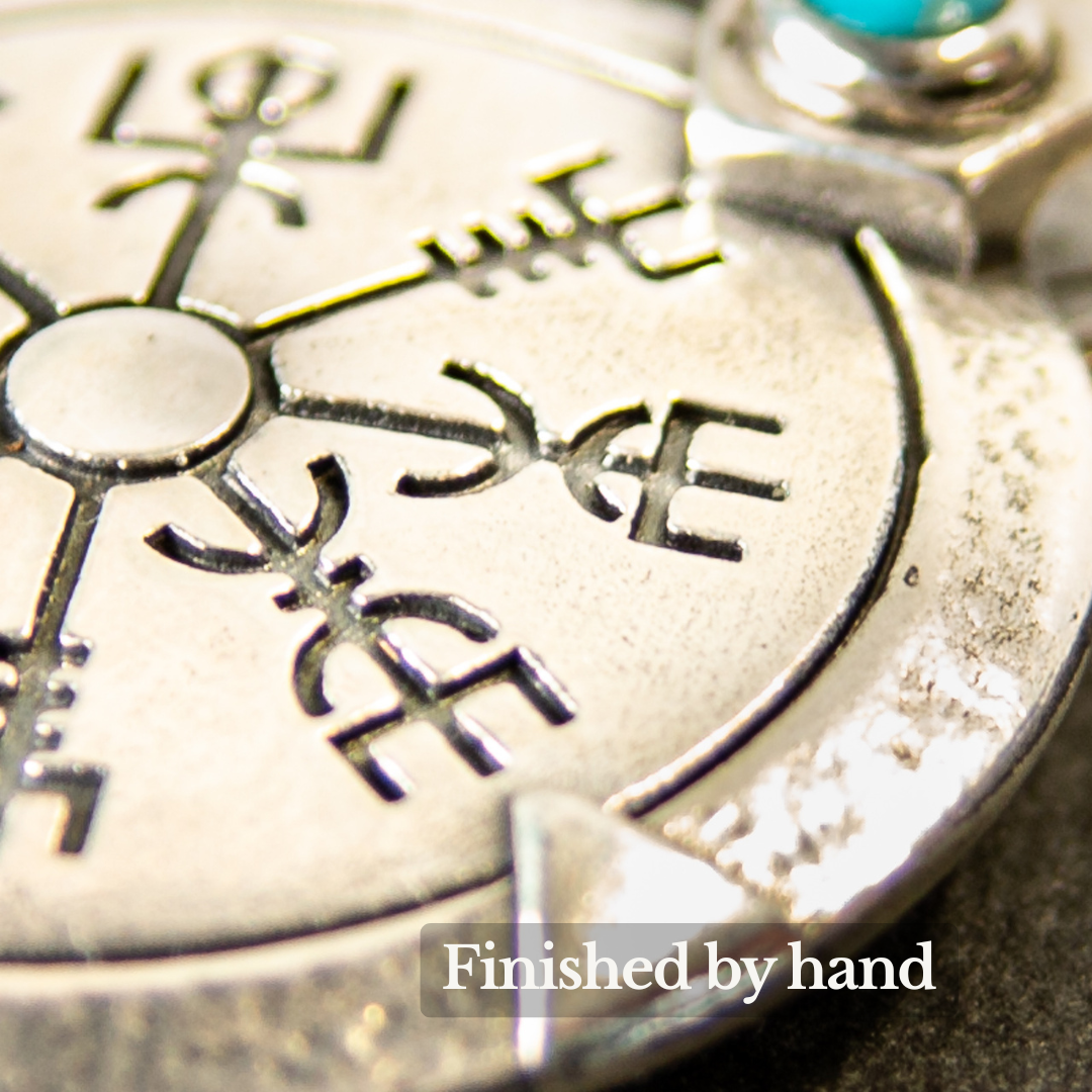 Vegvísir symbol pendant handcrafted by Tom McDanielson of The Middle Green