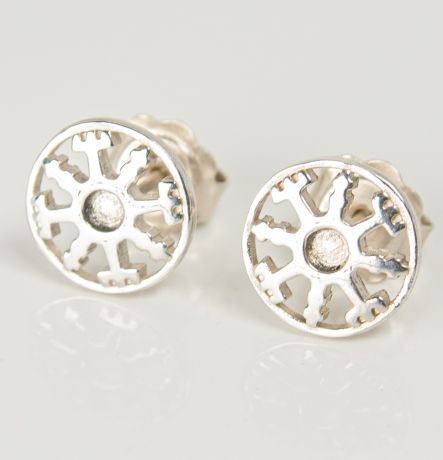 Front detail of sterling silver Vegvisir stud earrings