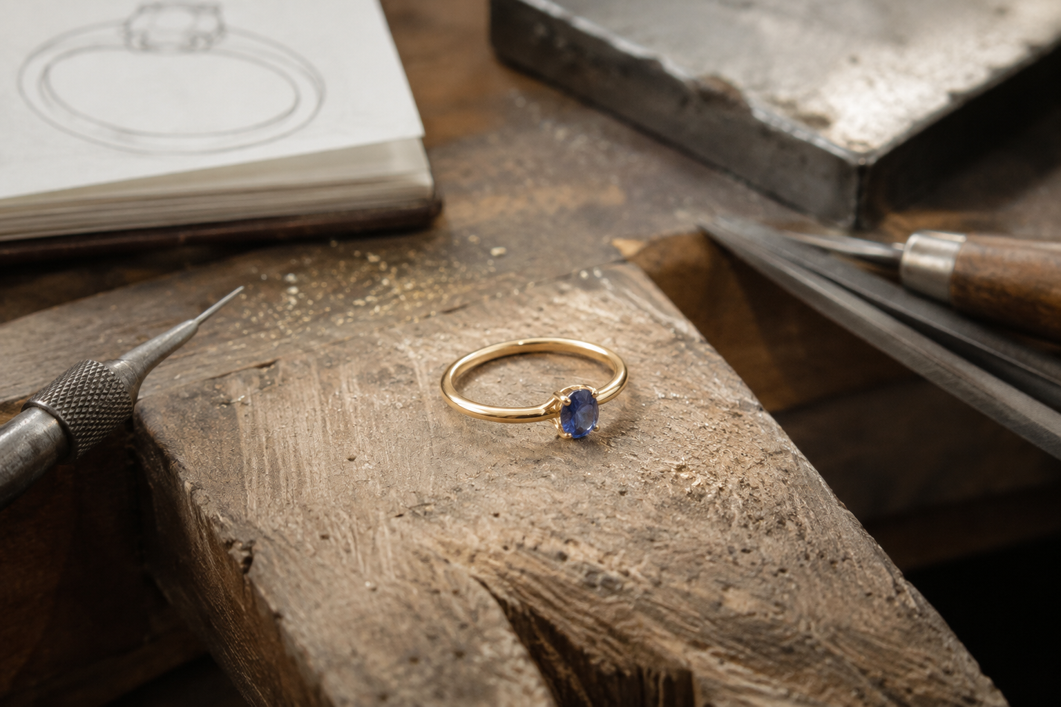 Simple 9ct yellow gold engagement ring with small blue gemstone on a jeweller’s bench