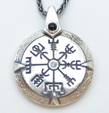 Sterling silver Vegvisir pendant with onyx stone on chain Viking compass necklace