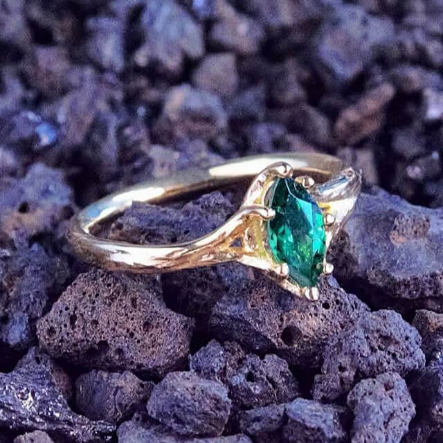Marquise tsavorite engagement ring in yellow gold organic band