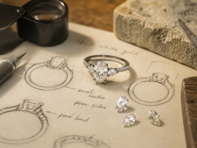 Bespoke three stone engagement ring with an oval diamond, pear side stones and loose diamonds on jewellery design sketches in a goldsmith's workshop