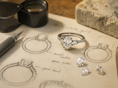 Bespoke three stone engagement ring with an oval diamond, pear side stones and loose diamonds on jewellery design sketches in a goldsmith's workshop