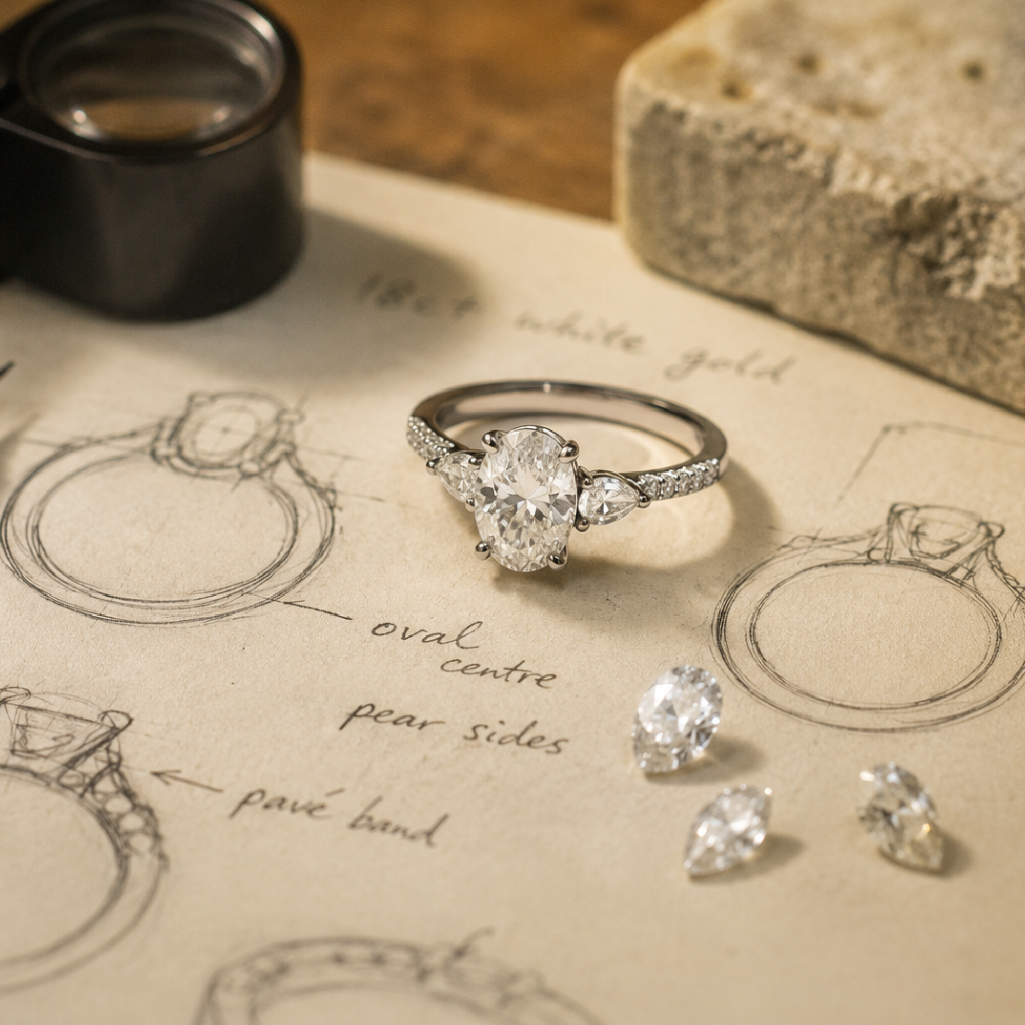 Bespoke three stone engagement ring with an oval diamond, pear side stones and loose diamonds on jewellery design sketches in a goldsmith's workshop