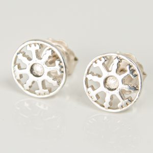Front detail of sterling silver Vegvisir stud earrings