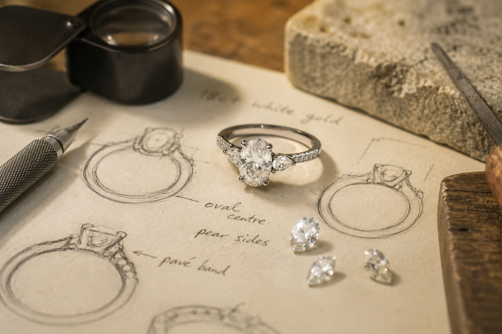 Bespoke three stone engagement ring with an oval diamond, pear side stones and loose diamonds on jewellery design sketches in a goldsmith's workshop